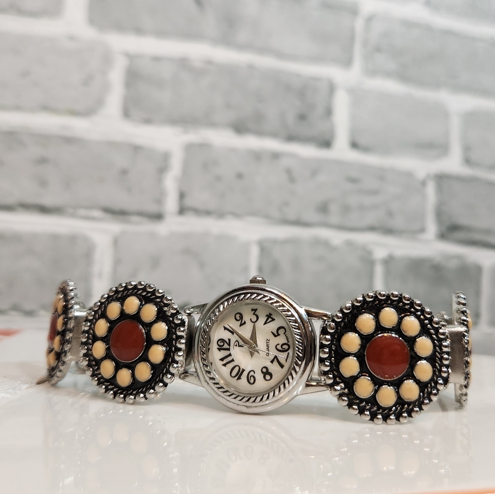 Ladies Quartz Analog Watch Southwest Concho Style Carnelian Ivory